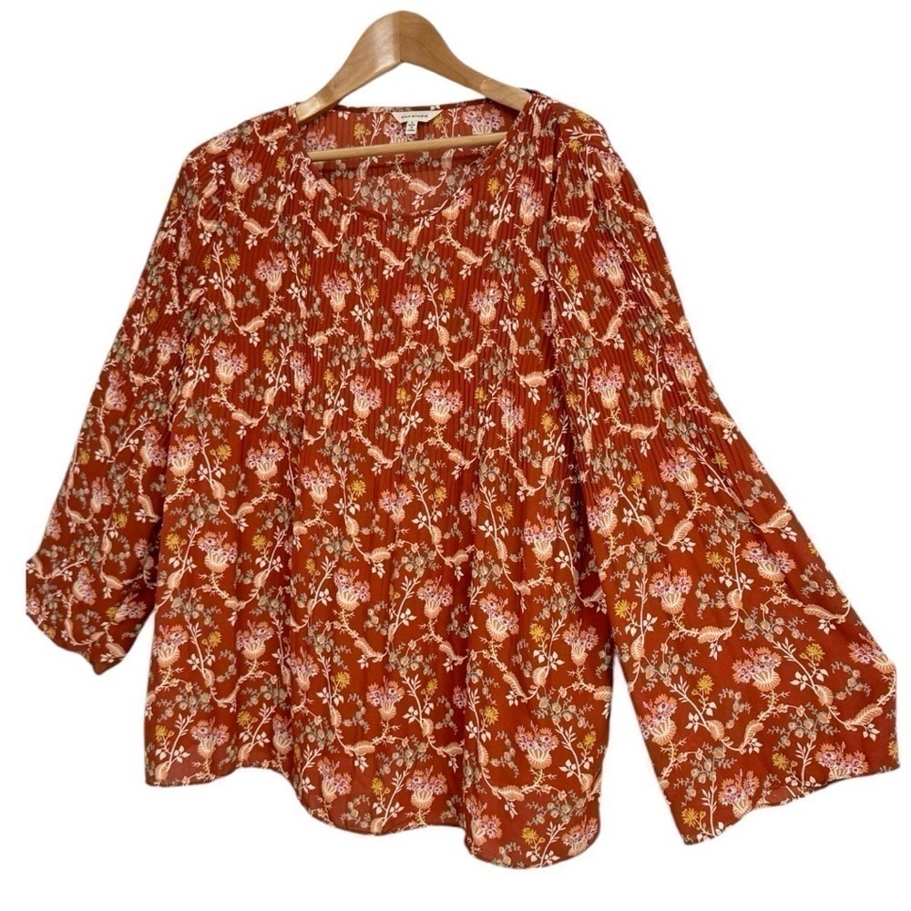 Max Studio Boho Floral Blouse Size Large Faux Pleated On Top With Bell Sleeve - Picture 2 of 5